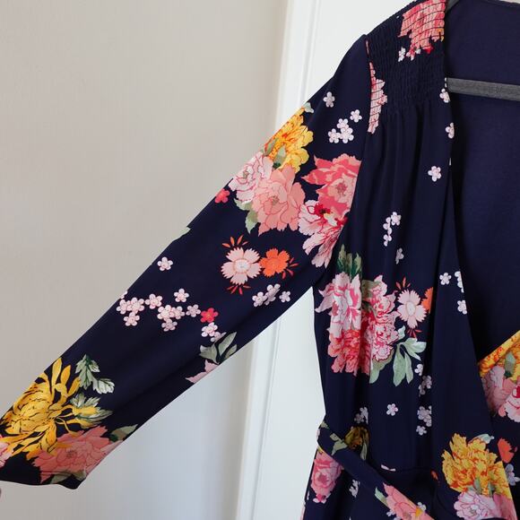 Eliza J Floral Faux Wrap Dress In Navy Wedding Guest Spring Summer Party Evening - Picture 6 of 11